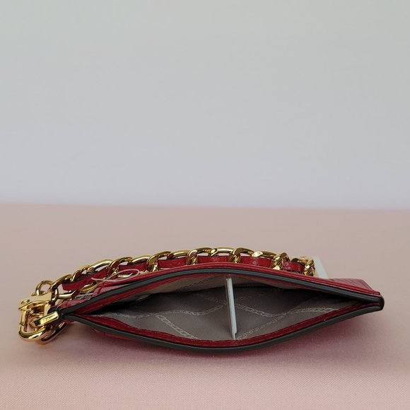 MICHAEL KORS Jet Set Small ID Pebbled Leather Chain Card Holder Case-Crimson⭐ - Picture 12 of 16